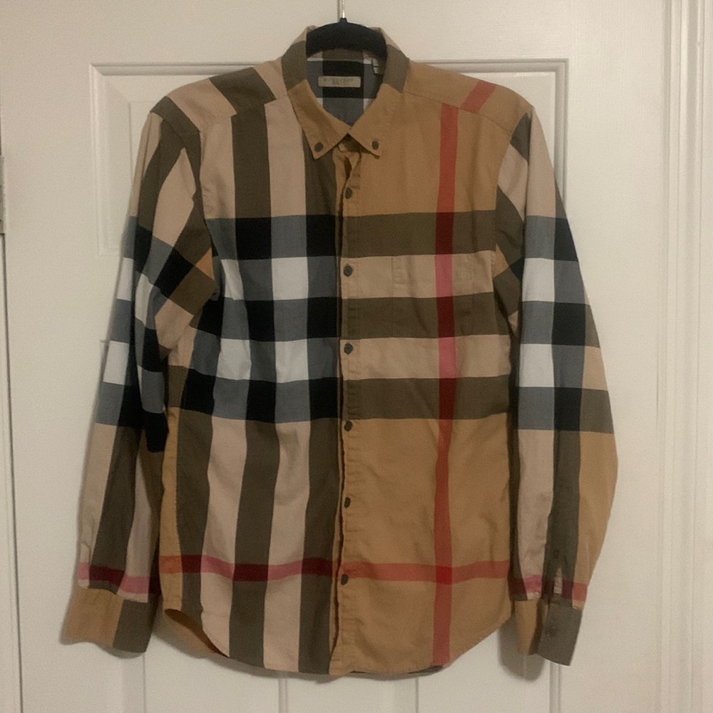 Burberry House Check Plaid Button-Down Long Sleeve Shirt Color:Black/Tan Size: S